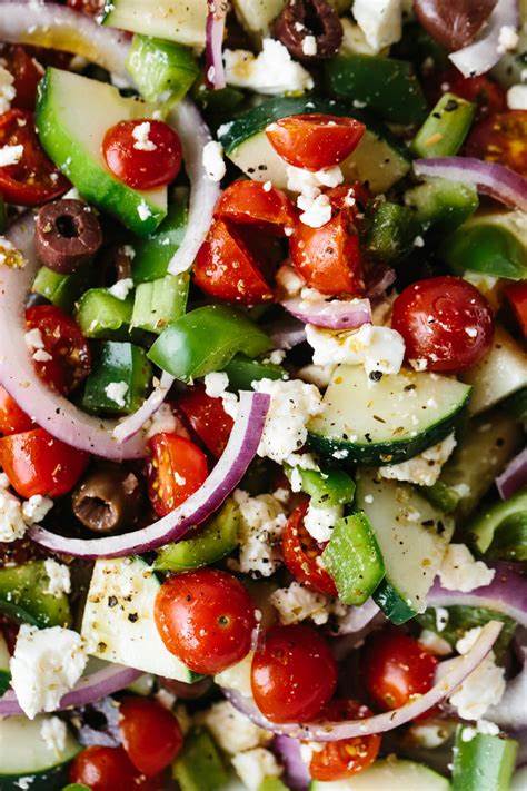 Greek Salad-Romaine, Tomatoes, Cucumbers, Red Onions, Feta, Kalamata Olives, & Homema…