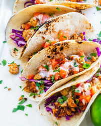 Tofu Tacos-3 Tofu Tacos with Lettuce, Onions, Bell Peppers, Tomatoes, Cheddar, & Fini…